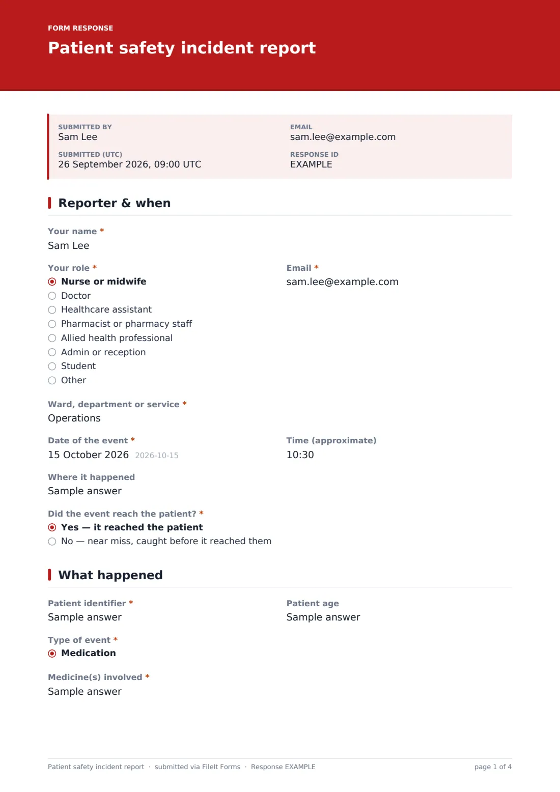 Patient safety incident report — example response PDF, page 1 of 4