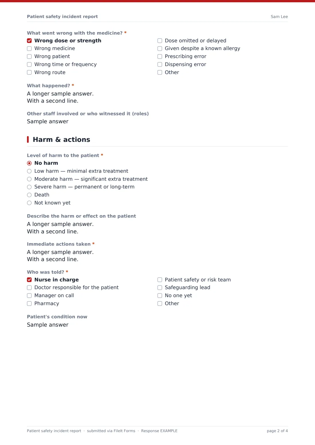 Patient safety incident report — example response PDF, page 2 of 4
