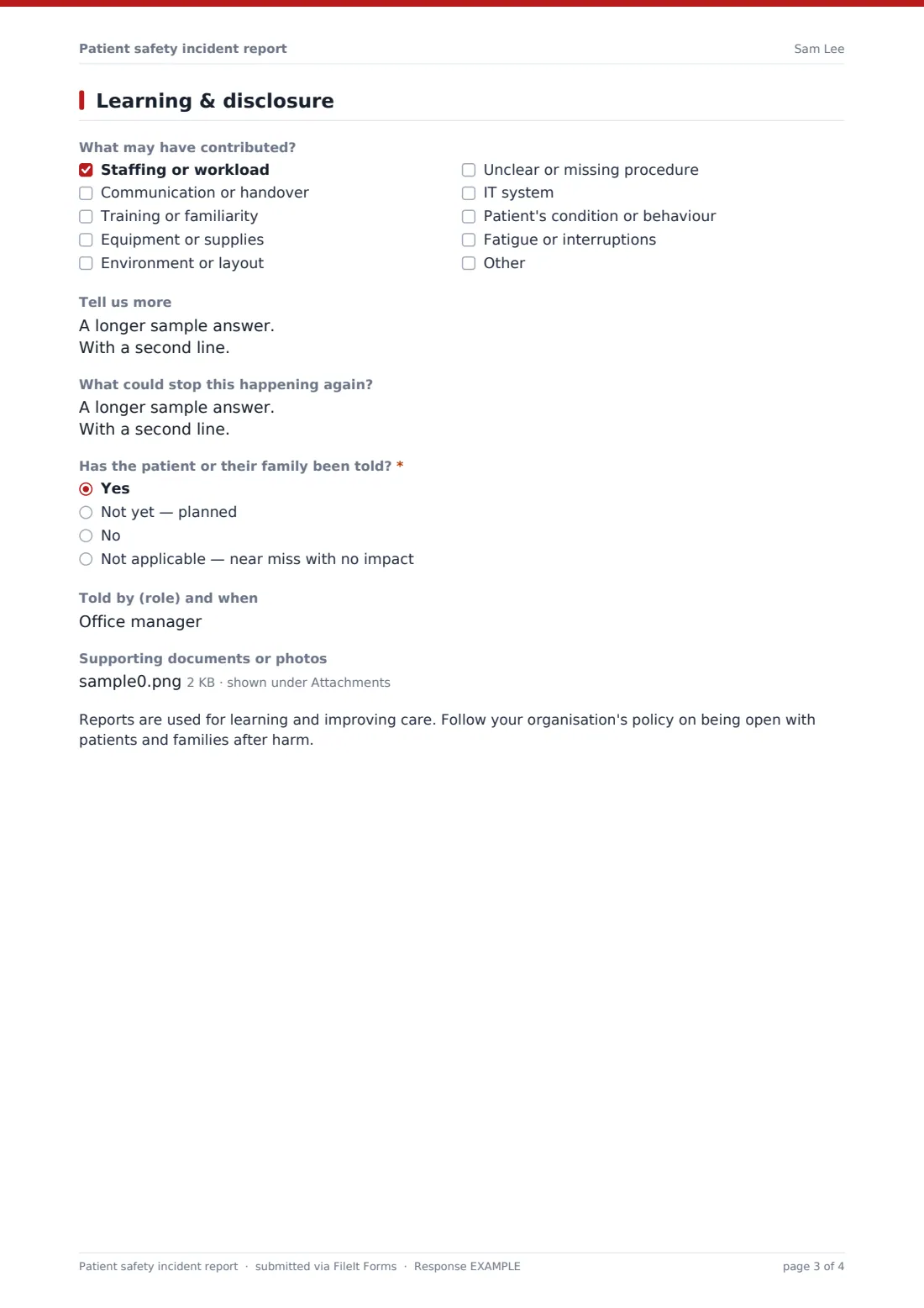Patient safety incident report — example response PDF, page 3 of 4