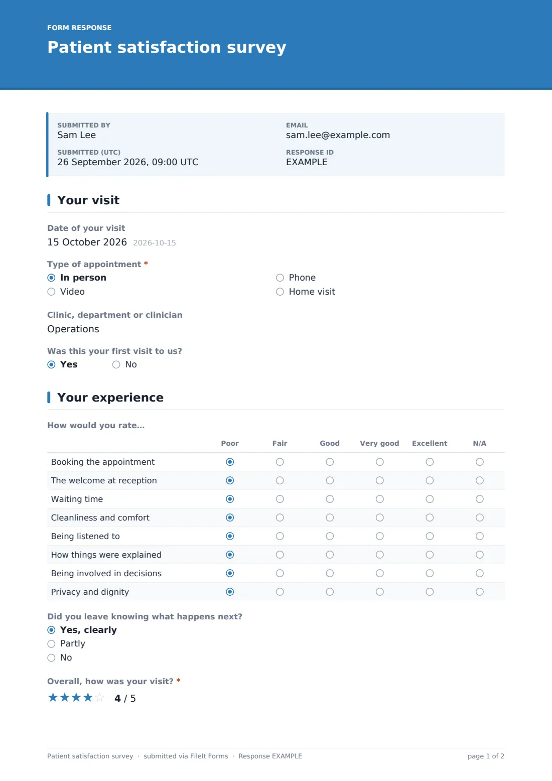Patient satisfaction survey — example response PDF, page 1 of 2