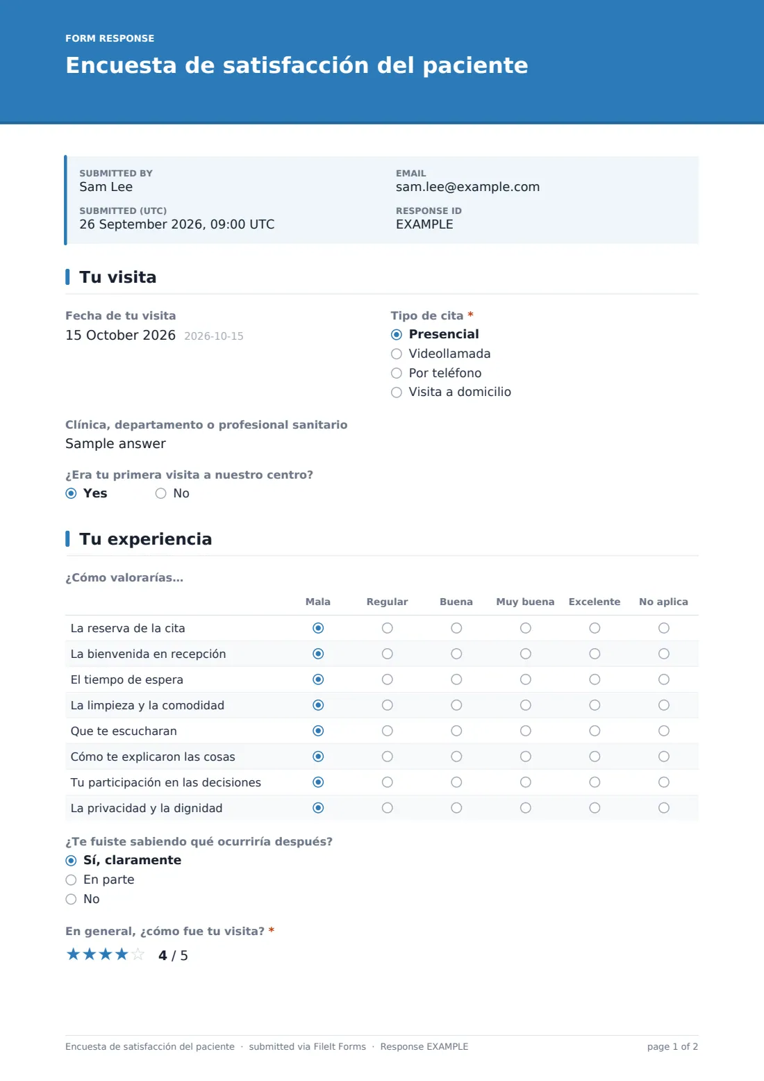 Encuesta de satisfacción del paciente — PDF de respuesta de ejemplo, página 1 de 2