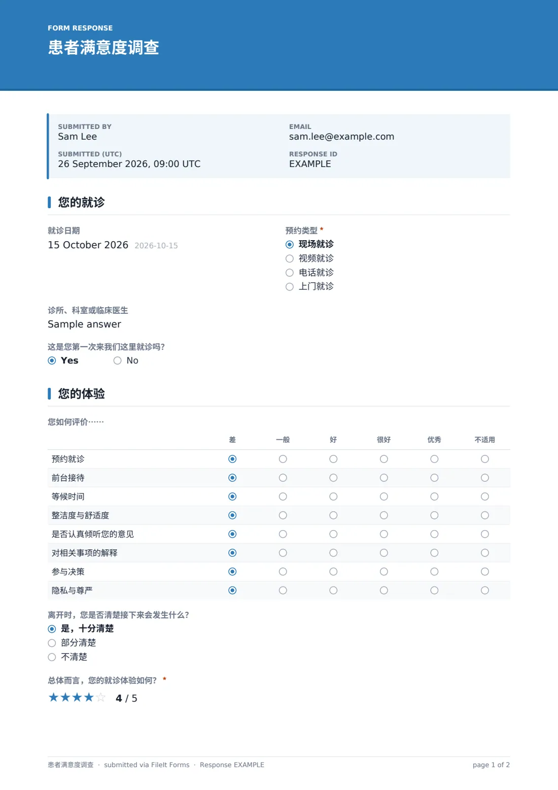 患者满意度调查 — 示例回复 PDF，第 1 页，共 2 页