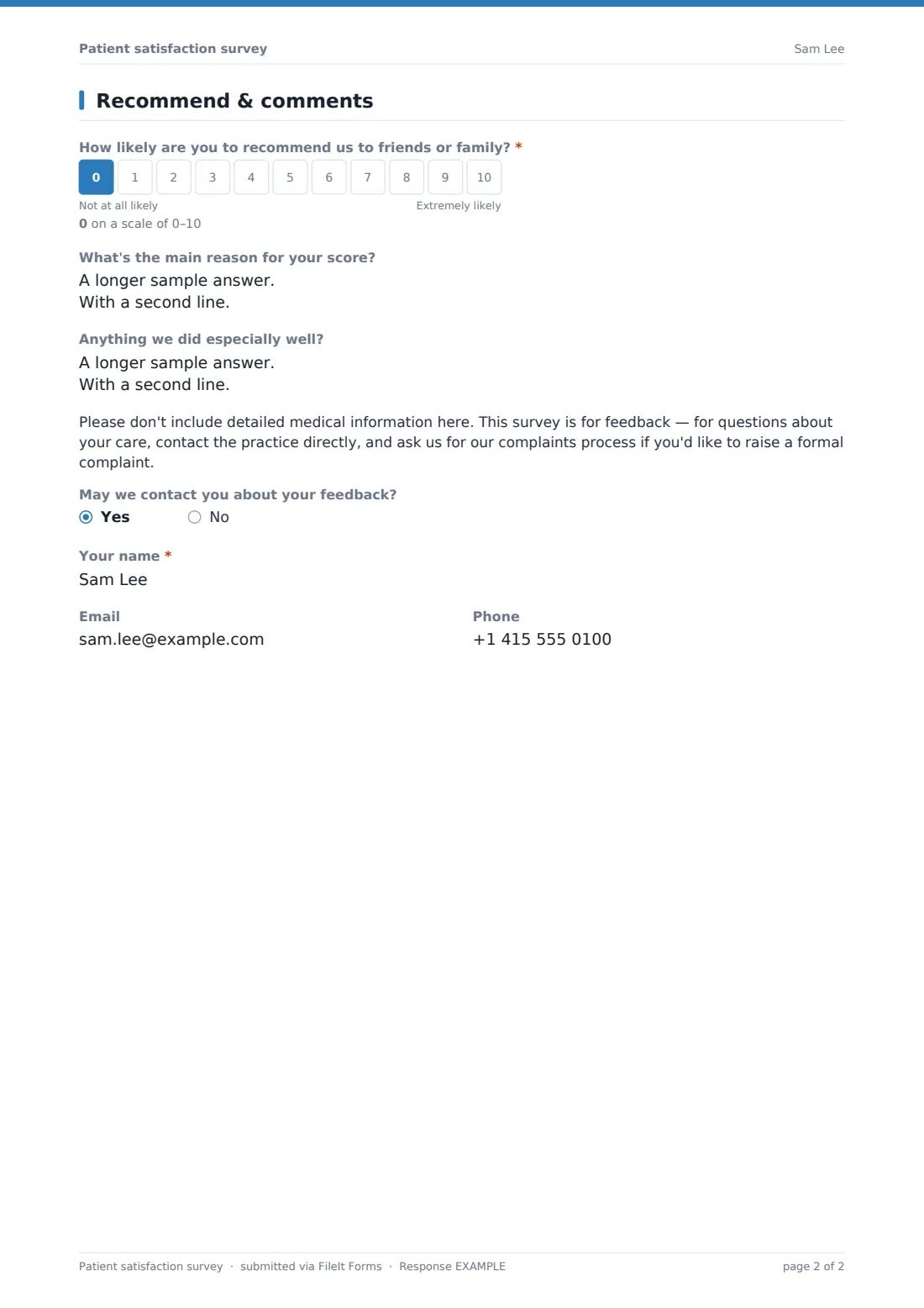 Patient satisfaction survey — example response PDF, page 2 of 2
