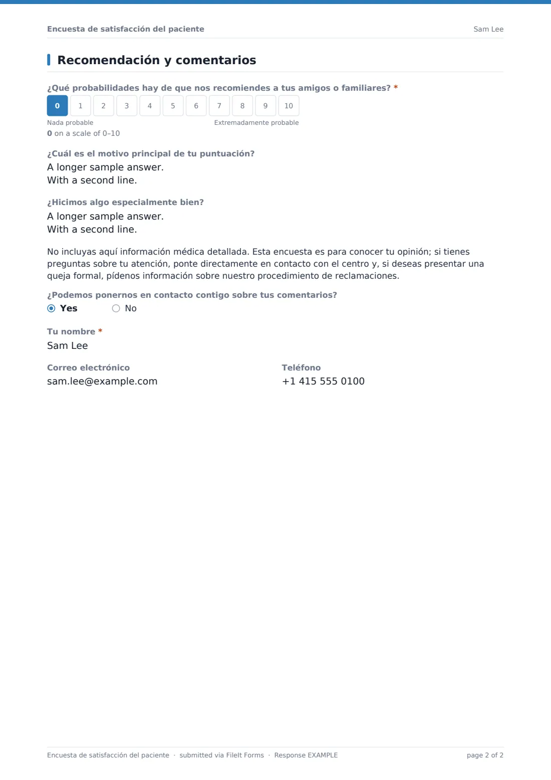 Encuesta de satisfacción del paciente — PDF de respuesta de ejemplo, página 2 de 2