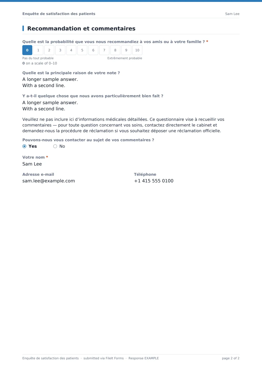 Enquête de satisfaction des patients — exemple de réponse au format PDF, page 2 sur 2
