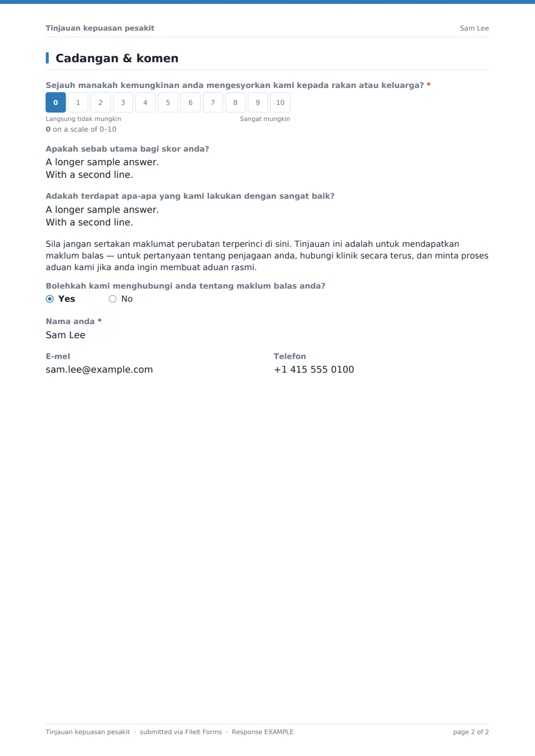 Tinjauan kepuasan pesakit — PDF respons contoh, halaman 2 daripada 2