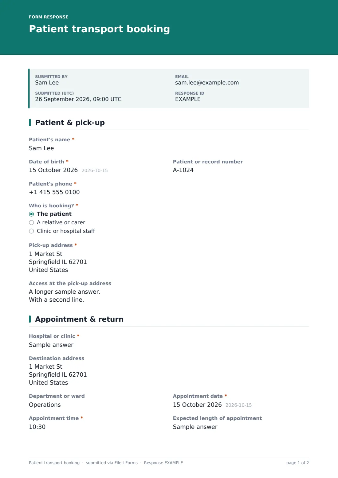 Patient transport booking — example response PDF, page 1 of 2
