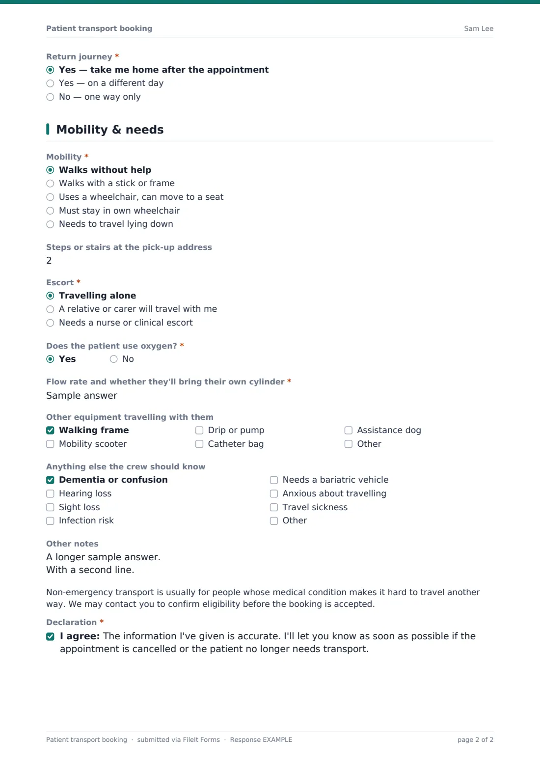 Patient transport booking — example response PDF, page 2 of 2