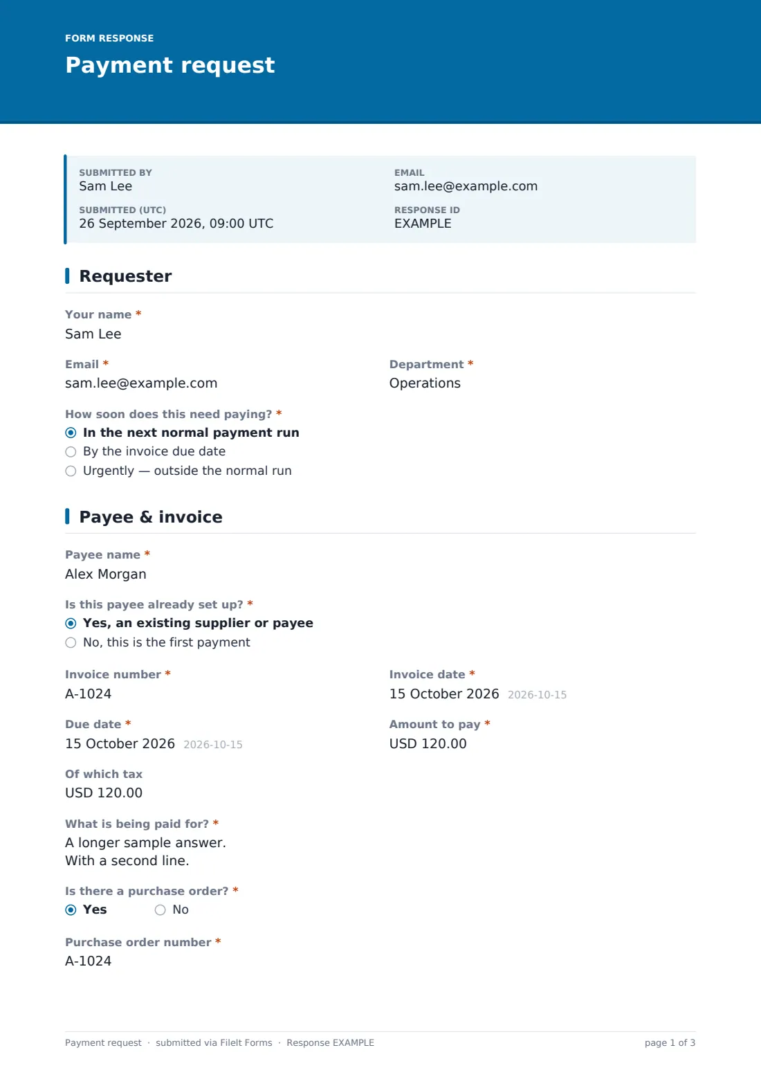 Payment request — example response PDF, page 1 of 3