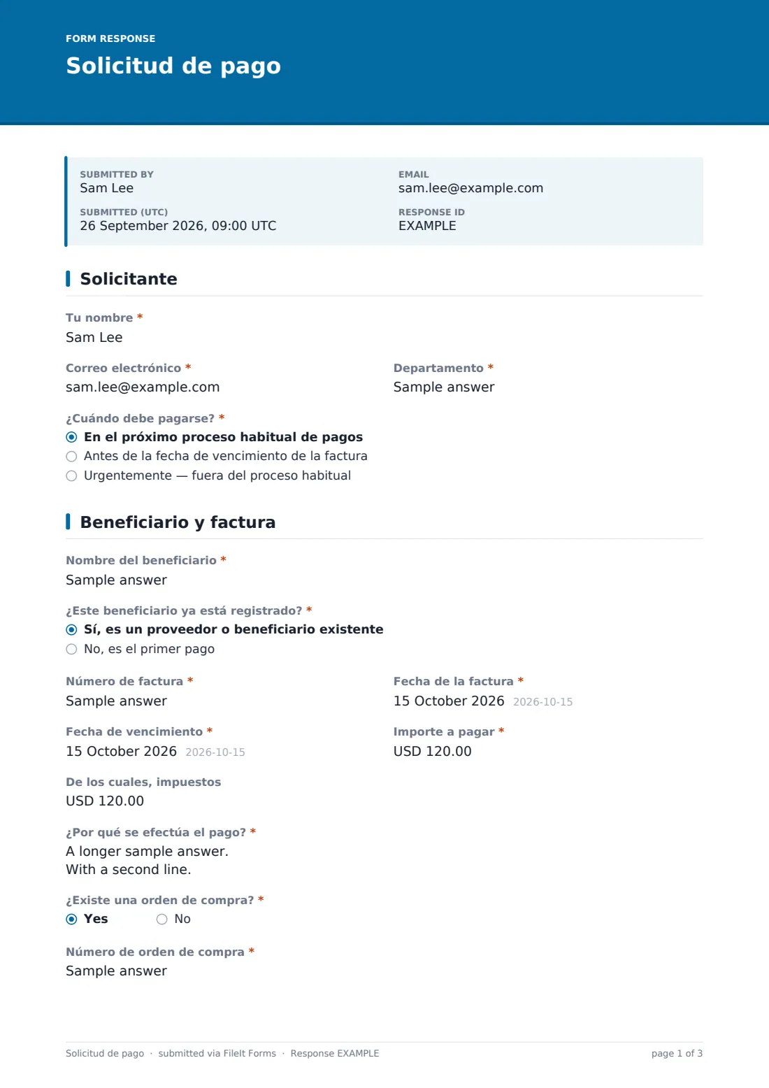 Solicitud de pago — PDF de respuesta de ejemplo, página 1 de 3