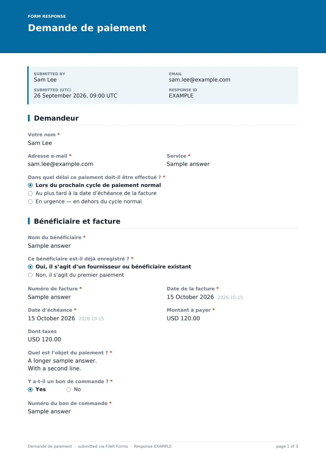 Demande de paiement — exemple de réponse au format PDF, page 1 sur 3