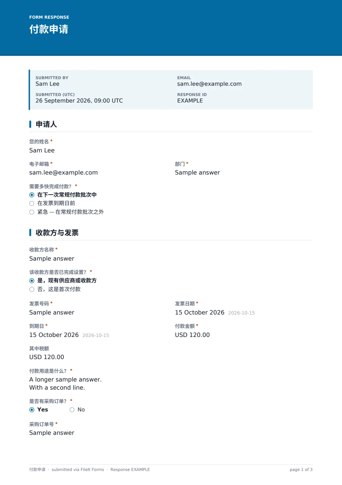 付款申请 — 示例回复 PDF，第 1 页，共 3 页
