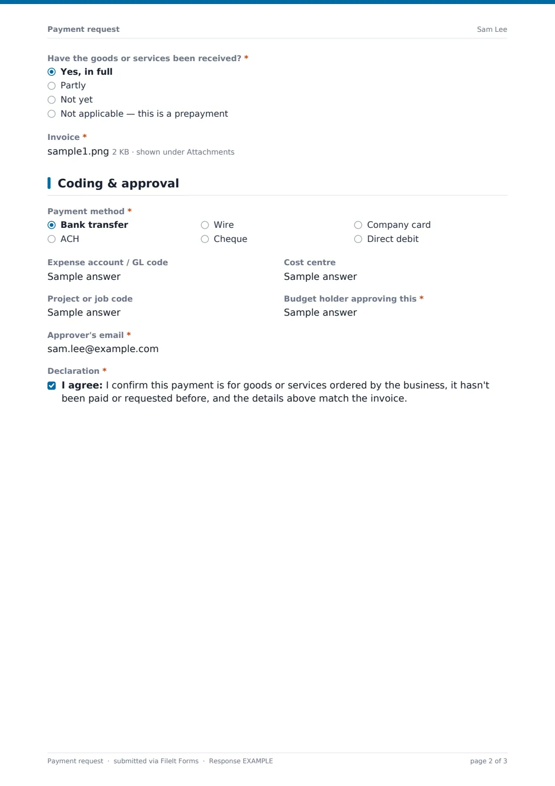 Payment request — example response PDF, page 2 of 3