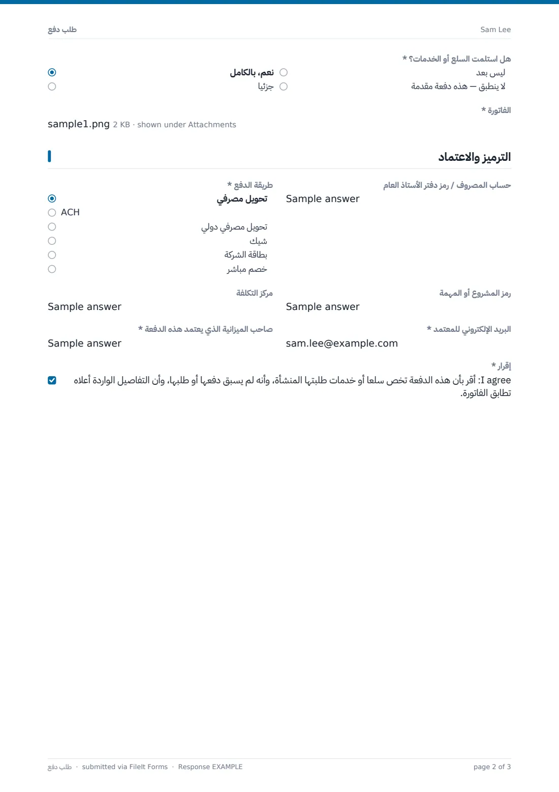 طلب دفع — ملف PDF لرد نموذجي، الصفحة 2 من 3