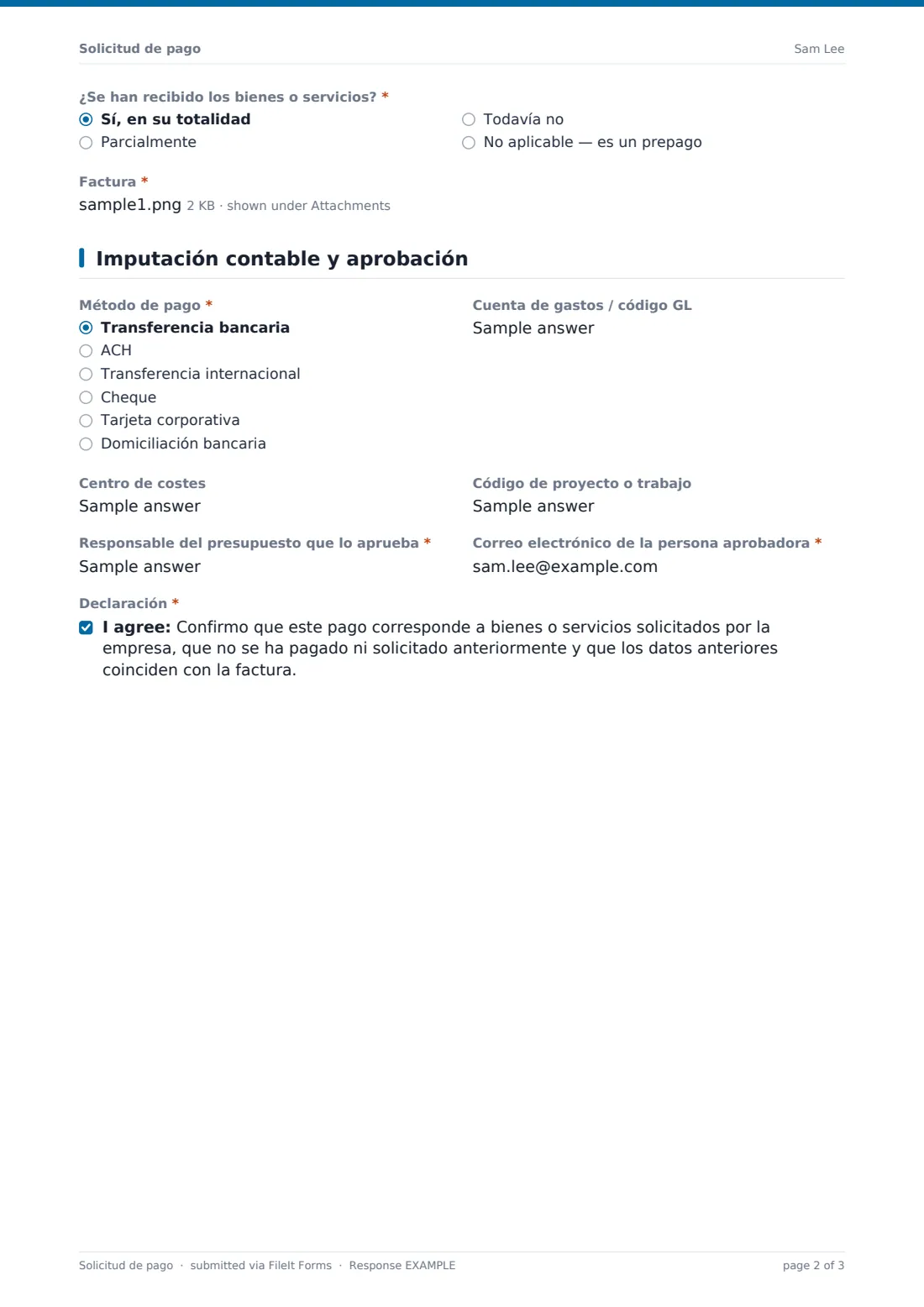 Solicitud de pago — PDF de respuesta de ejemplo, página 2 de 3