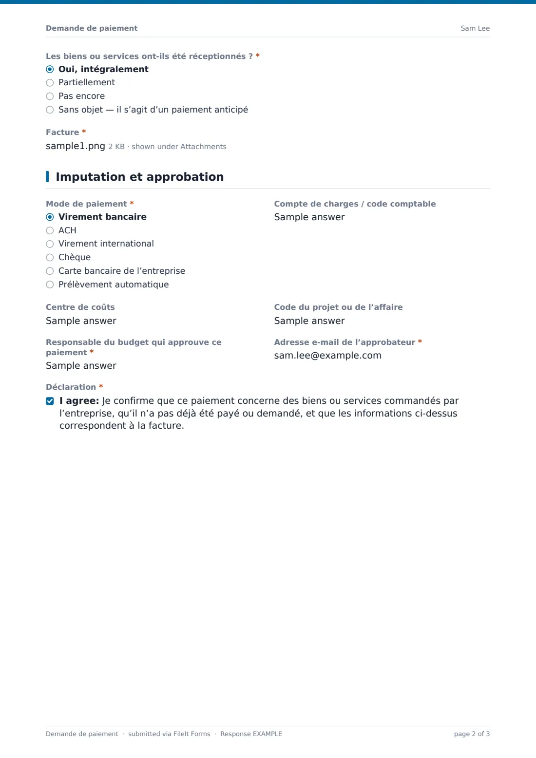 Demande de paiement — exemple de réponse au format PDF, page 2 sur 3