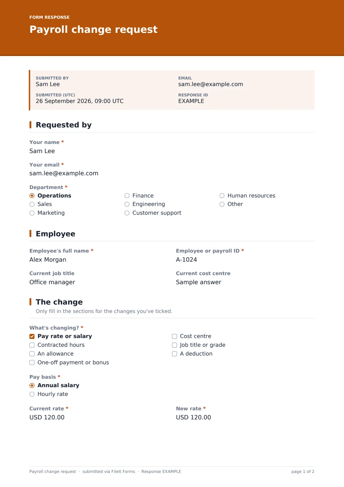 Payroll change request — example response PDF, page 1 of 2