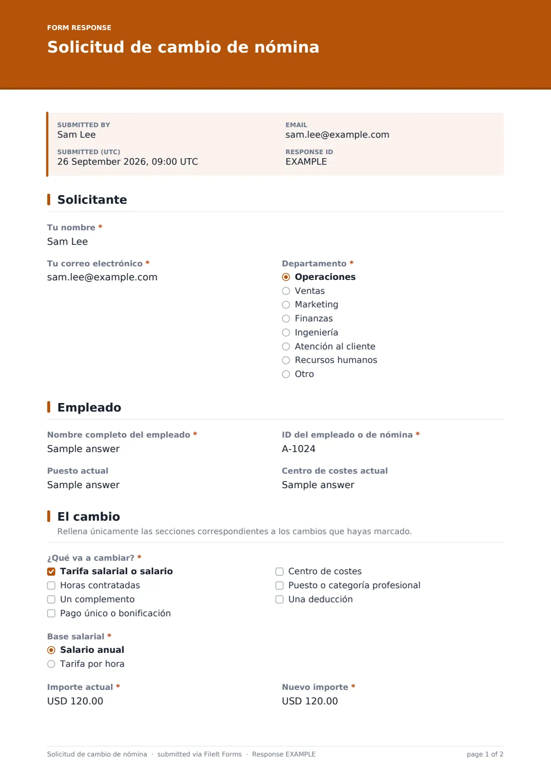 Solicitud de cambio de nómina — PDF de respuesta de ejemplo, página 1 de 2