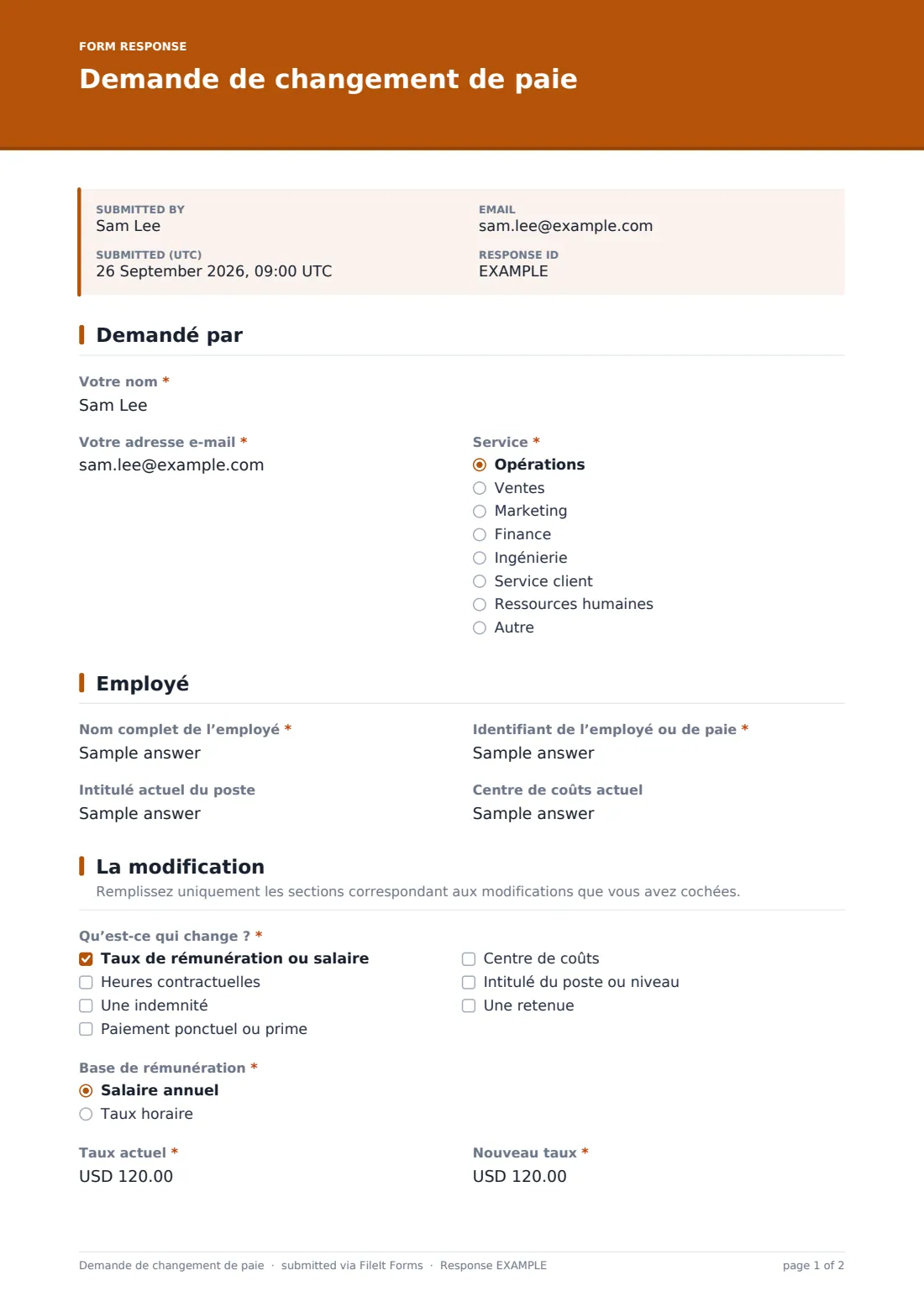 Demande de changement de paie — exemple de réponse au format PDF, page 1 sur 2