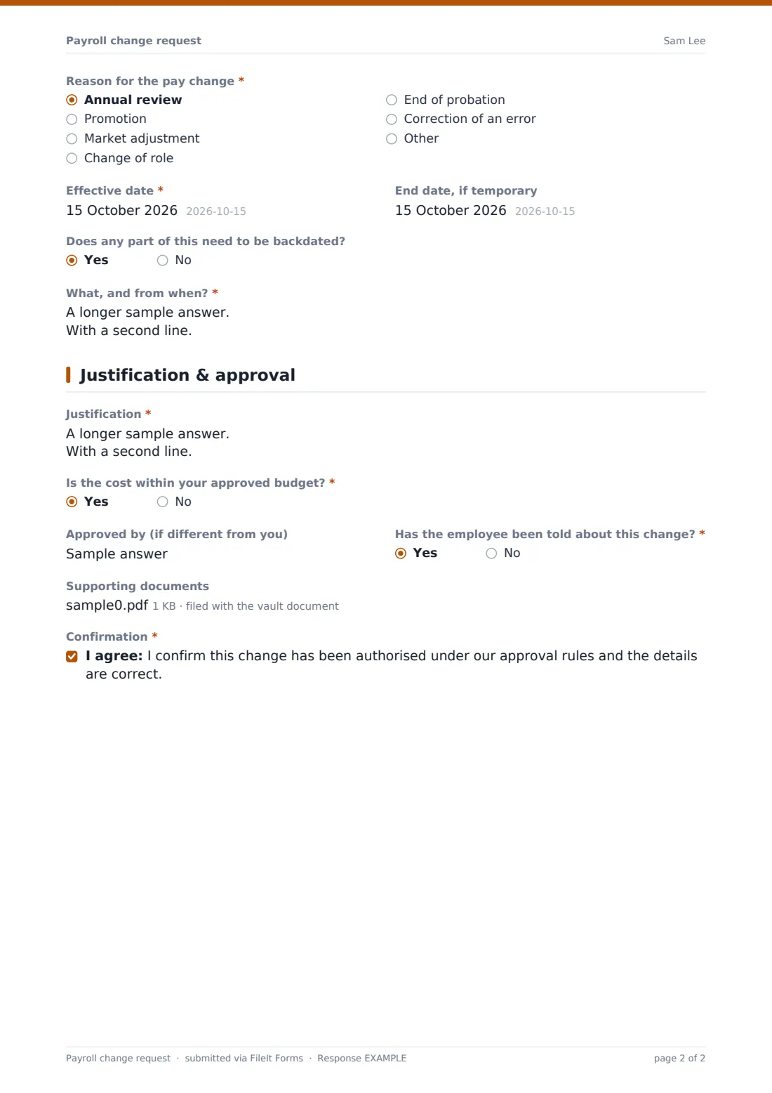 Payroll change request — example response PDF, page 2 of 2