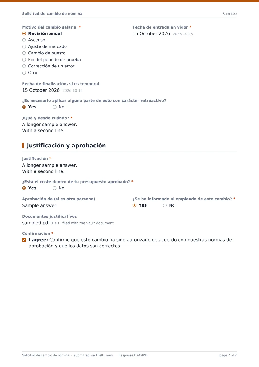 Solicitud de cambio de nómina — PDF de respuesta de ejemplo, página 2 de 2
