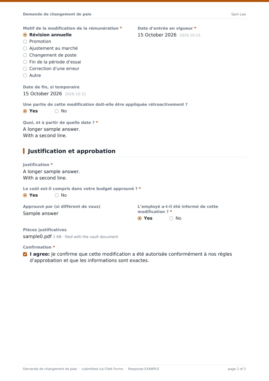 Demande de changement de paie — exemple de réponse au format PDF, page 2 sur 2