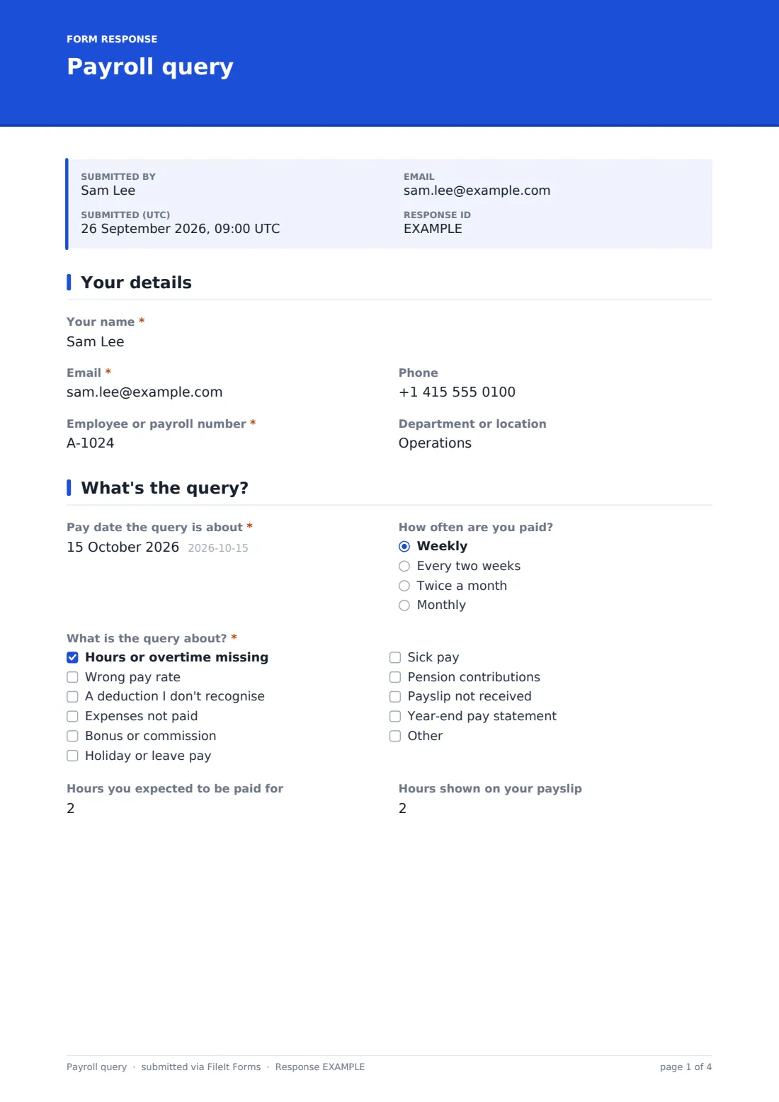 Payroll query — example response PDF, page 1 of 4