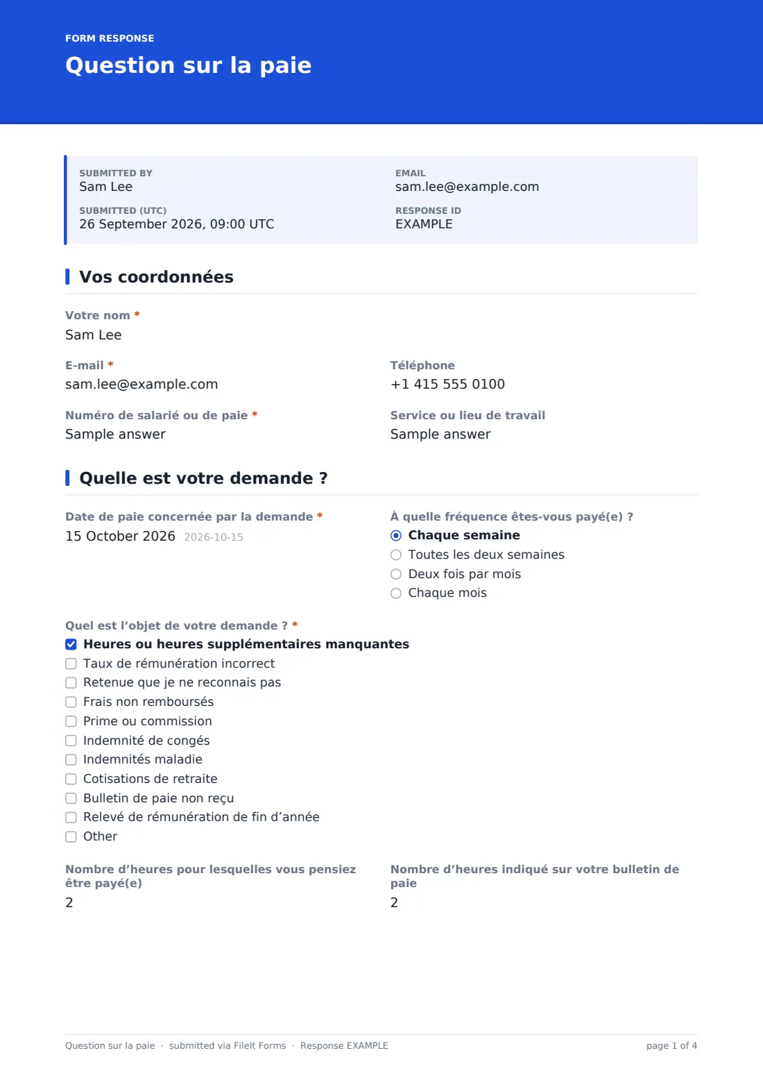 Question sur la paie — exemple de réponse au format PDF, page 1 sur 4