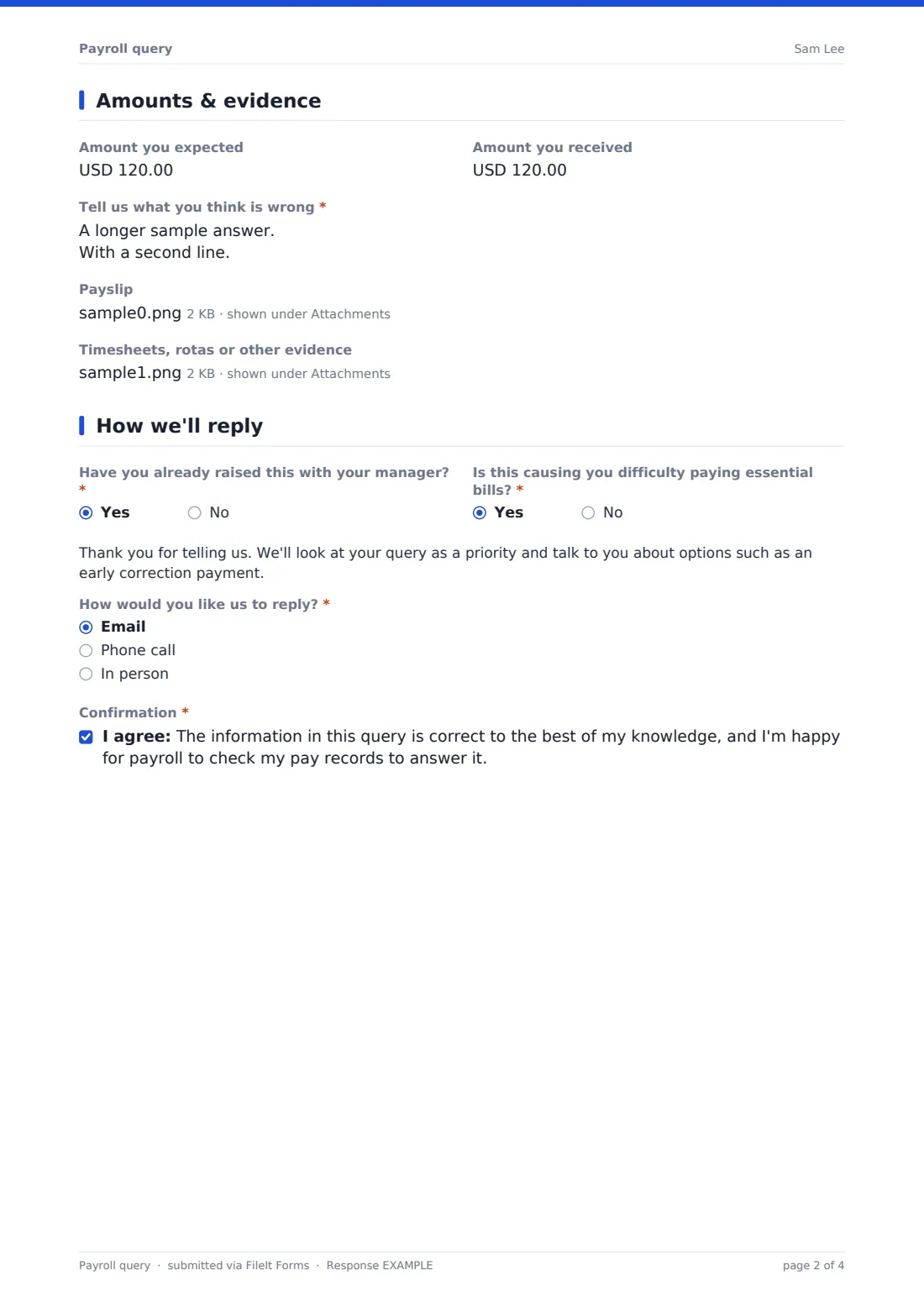 Payroll query — example response PDF, page 2 of 4