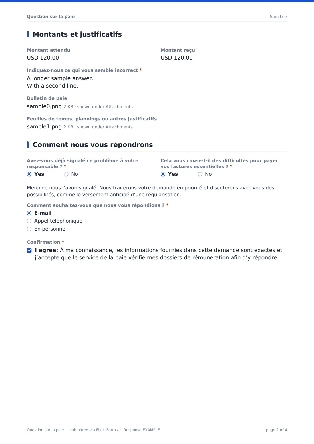 Question sur la paie — exemple de réponse au format PDF, page 2 sur 4