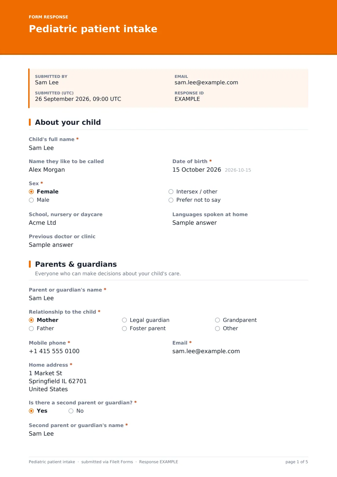 Pediatric patient intake — example response PDF, page 1 of 5