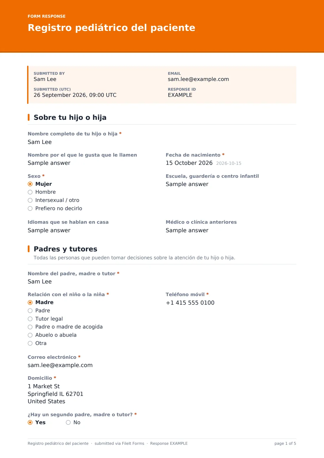 Registro pediátrico del paciente — PDF de respuesta de ejemplo, página 1 de 5