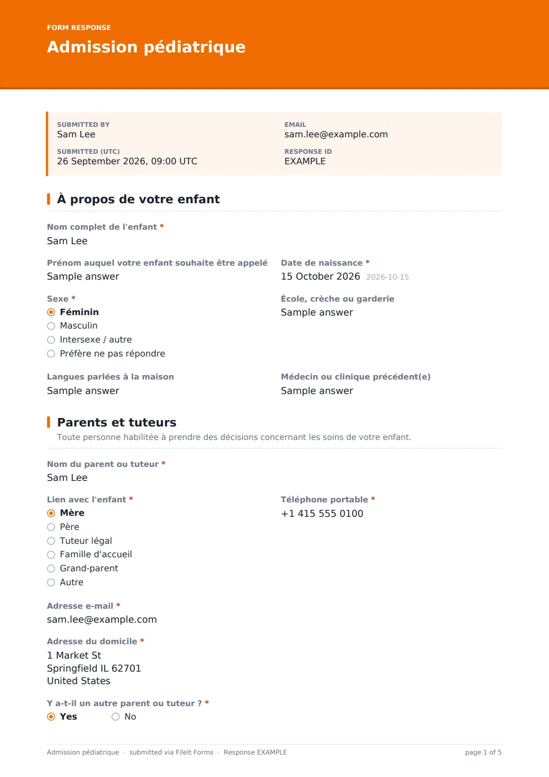 Admission pédiatrique — exemple de réponse au format PDF, page 1 sur 5