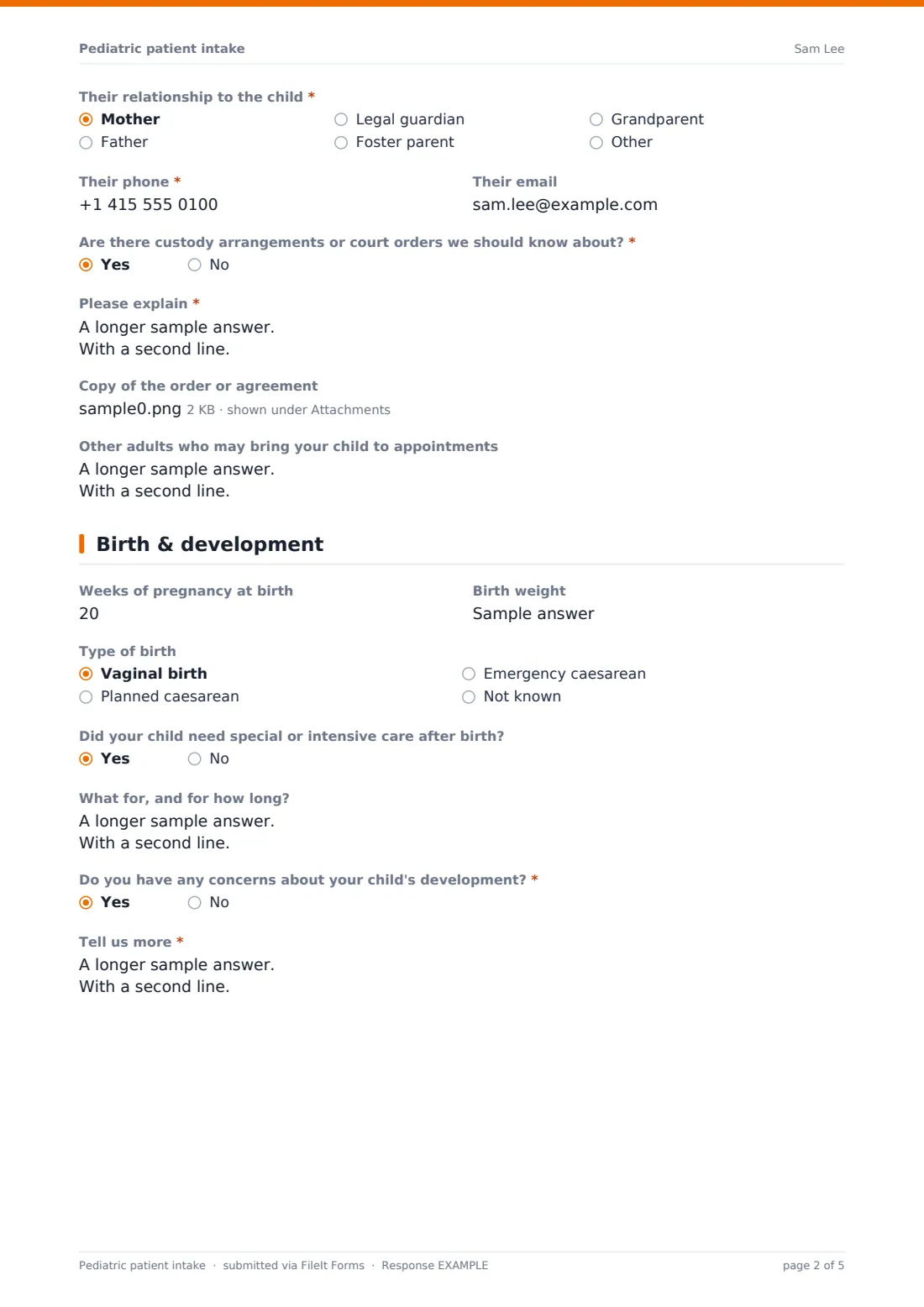 Pediatric patient intake — example response PDF, page 2 of 5