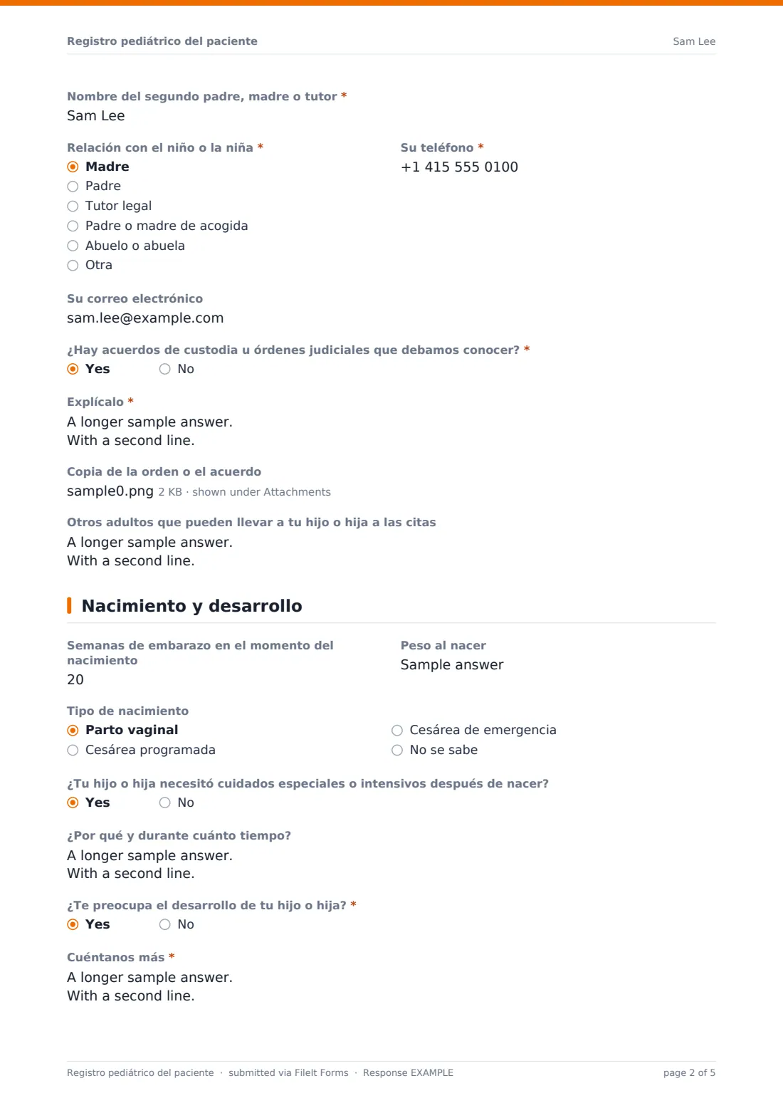 Registro pediátrico del paciente — PDF de respuesta de ejemplo, página 2 de 5