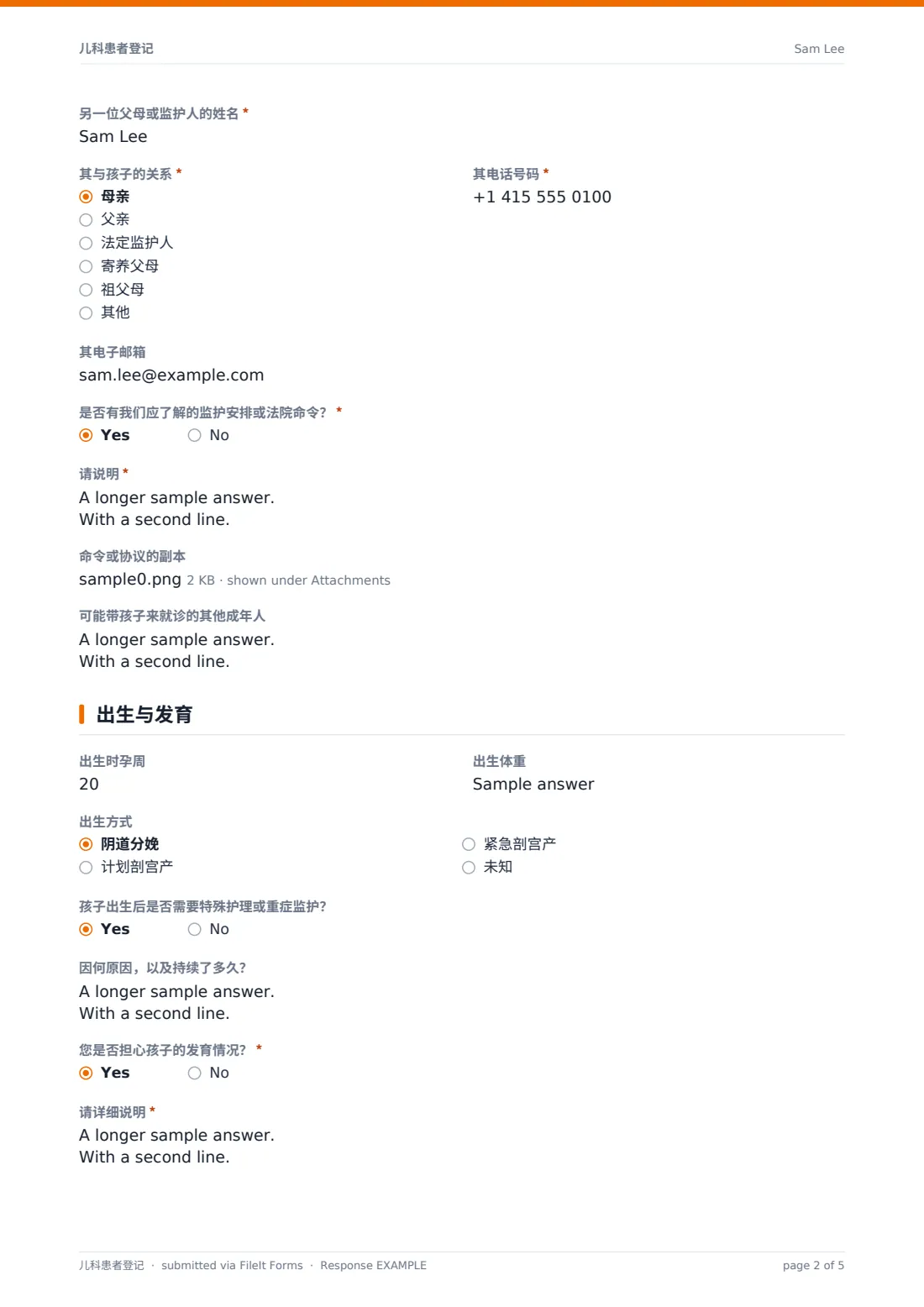 儿科患者登记 — 示例回复 PDF，第 2 页，共 5 页