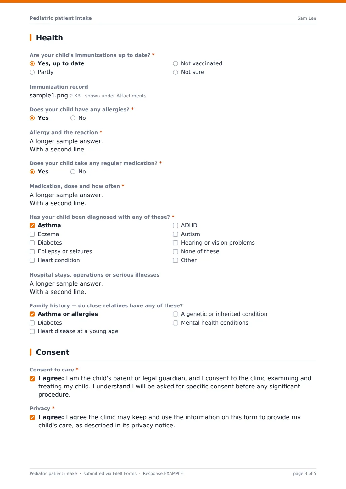 Pediatric patient intake — example response PDF, page 3 of 5