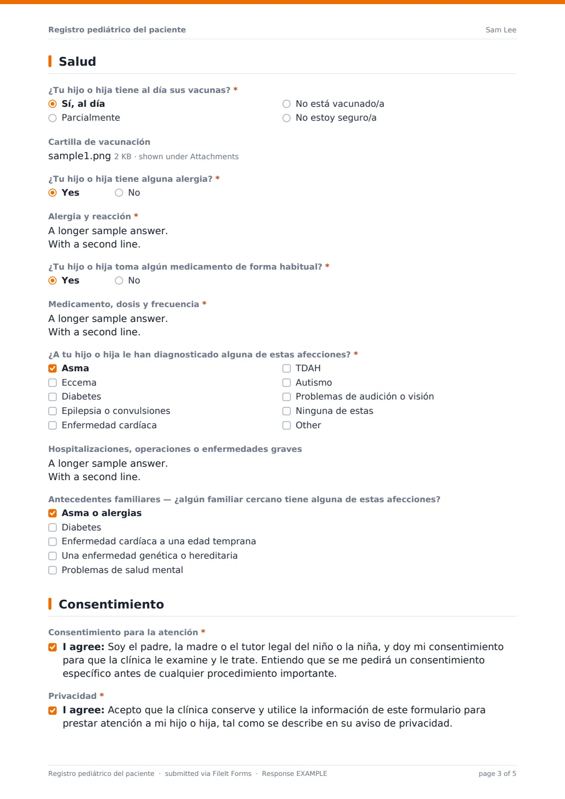 Registro pediátrico del paciente — PDF de respuesta de ejemplo, página 3 de 5