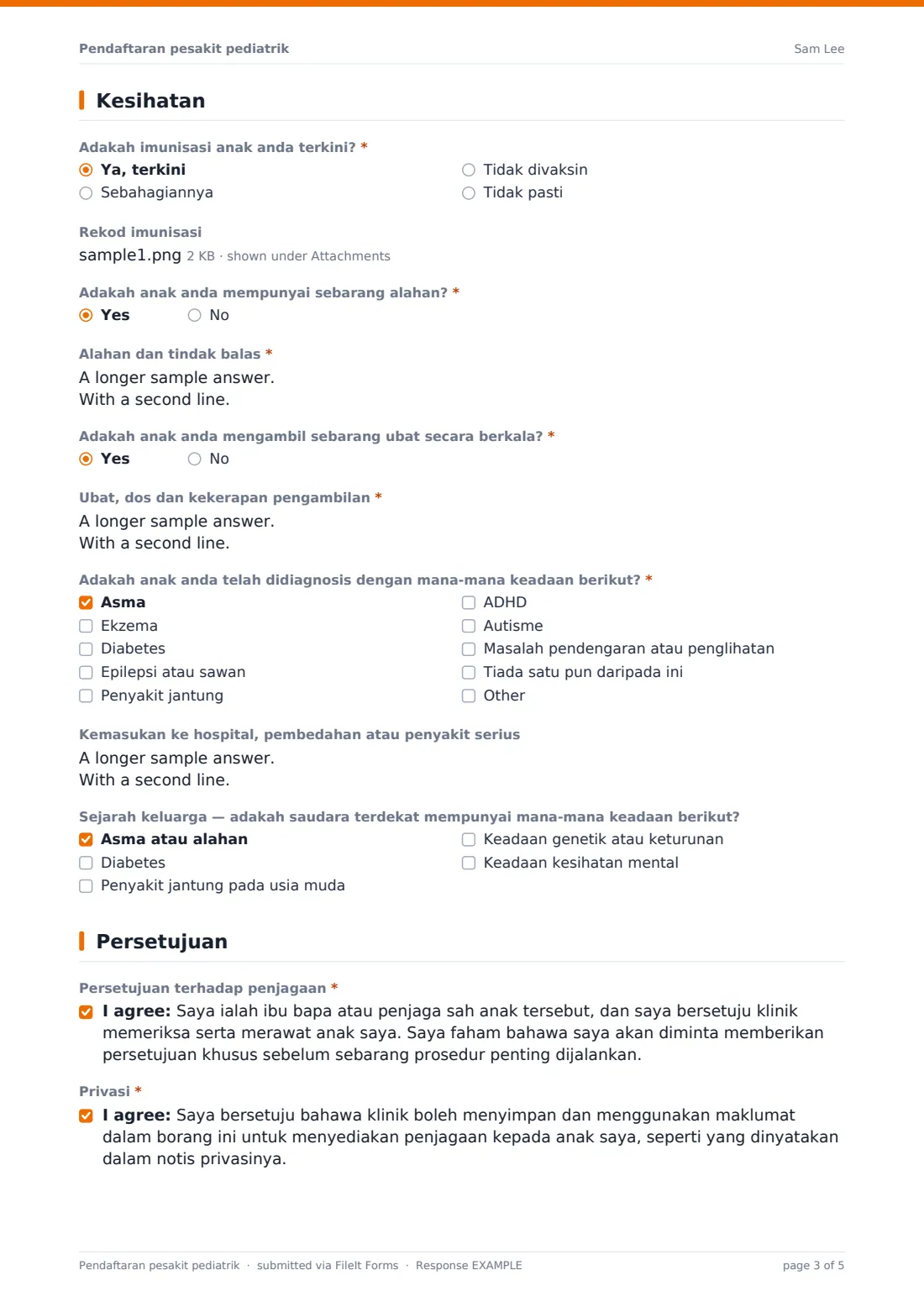 Pendaftaran pesakit pediatrik — PDF respons contoh, halaman 3 daripada 5