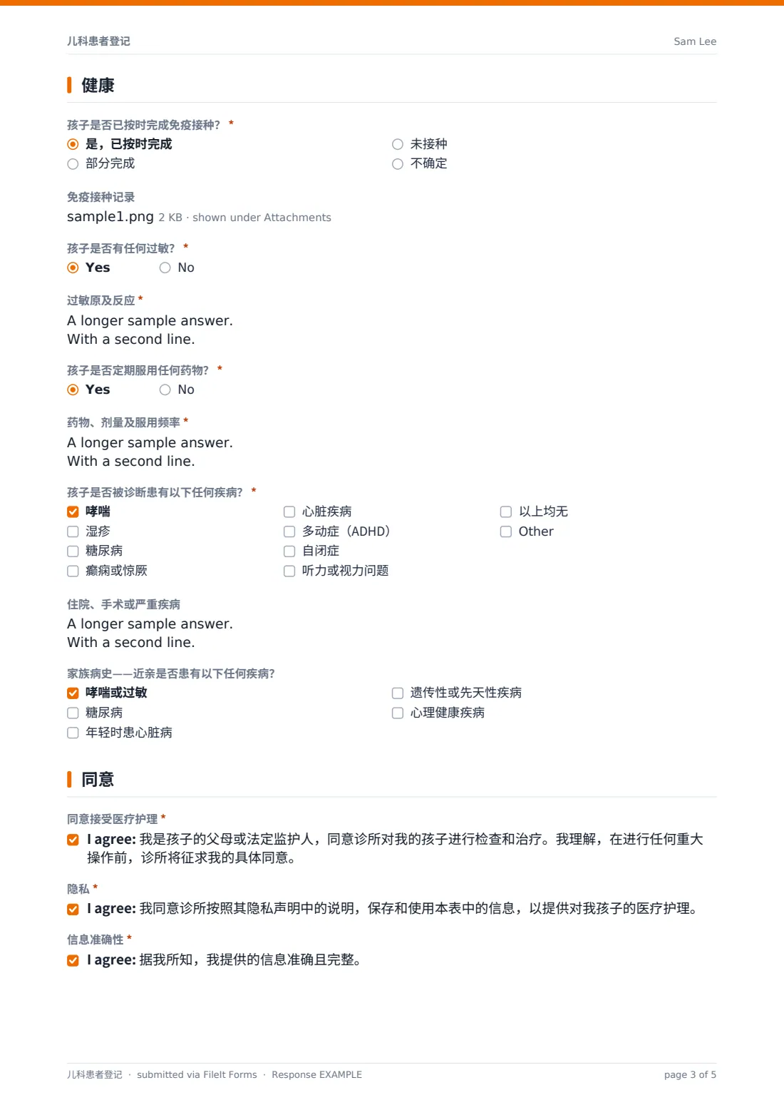 儿科患者登记 — 示例回复 PDF，第 3 页，共 5 页