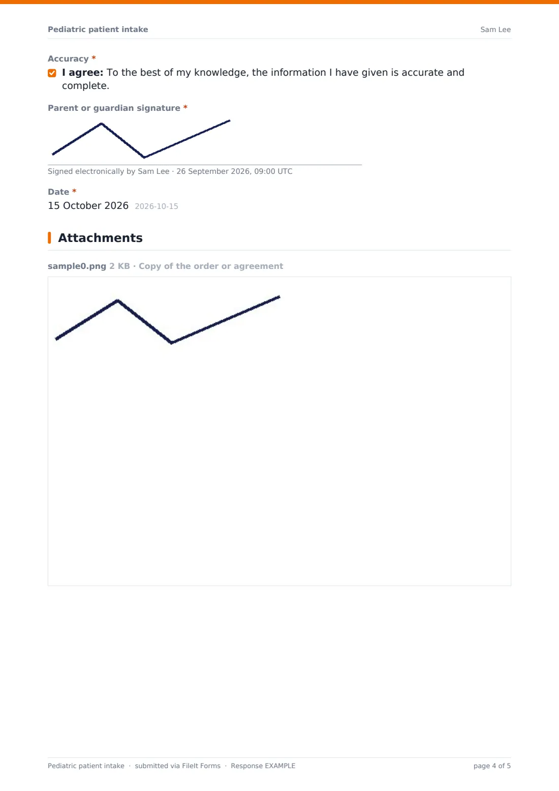 Pediatric patient intake — example response PDF, page 4 of 5