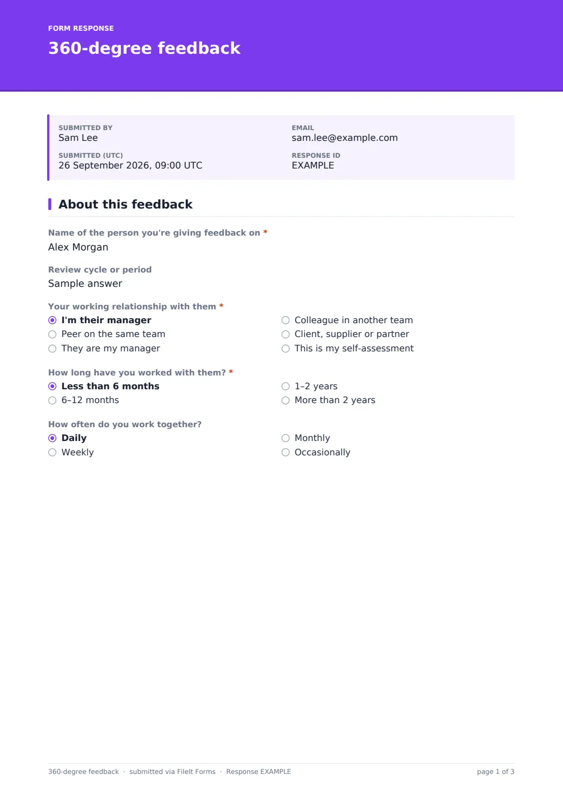 360-degree feedback — example response PDF, page 1 of 3