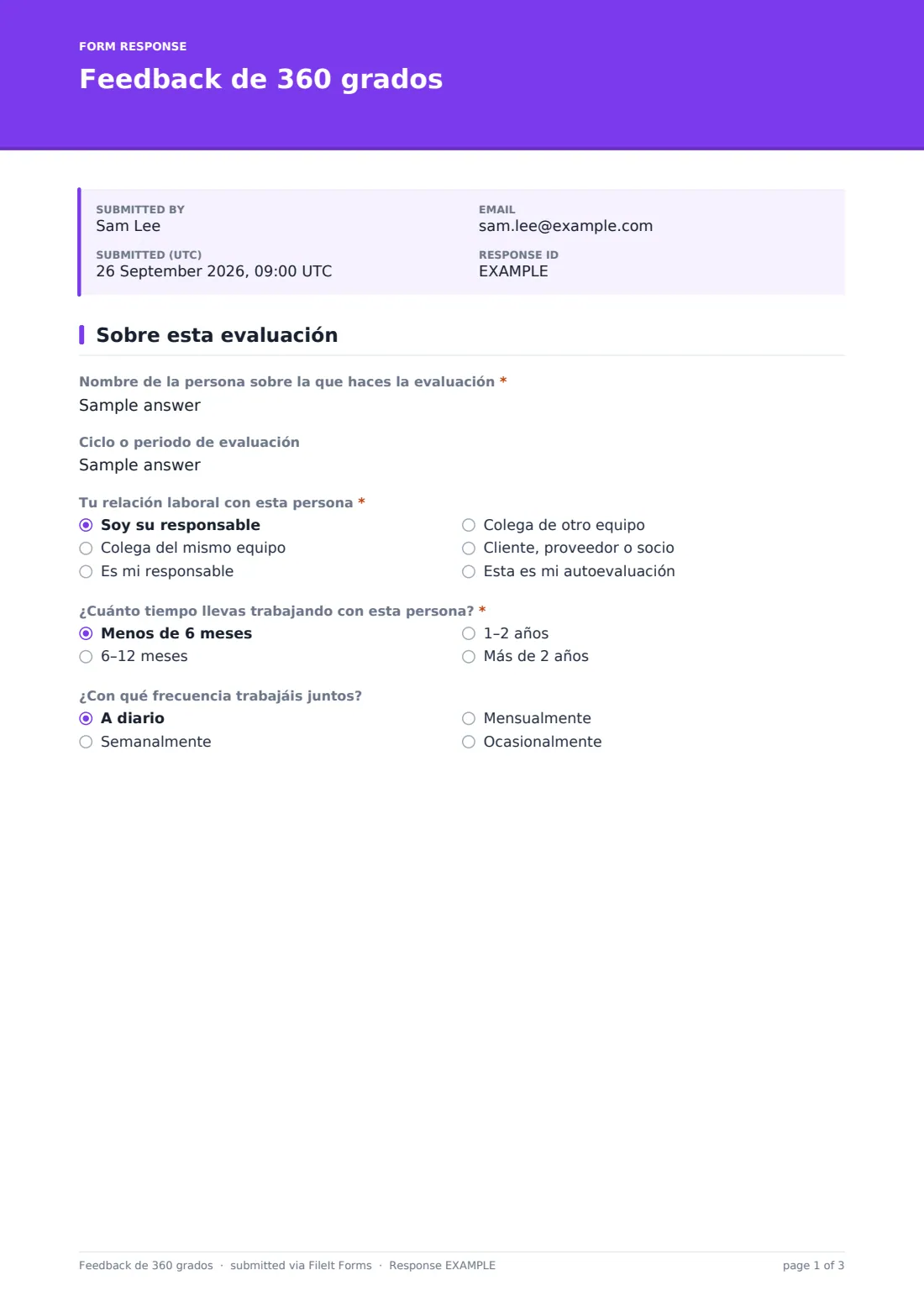 Feedback de 360 grados — PDF de respuesta de ejemplo, página 1 de 3