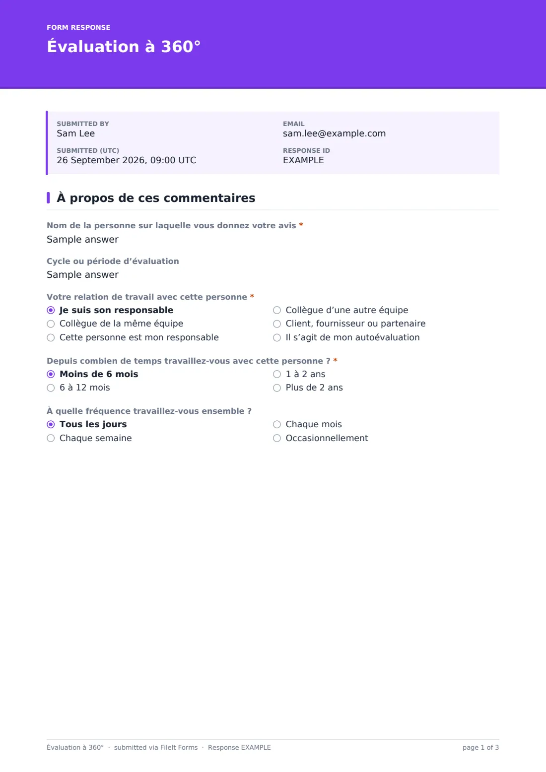 Évaluation à 360° — exemple de réponse au format PDF, page 1 sur 3