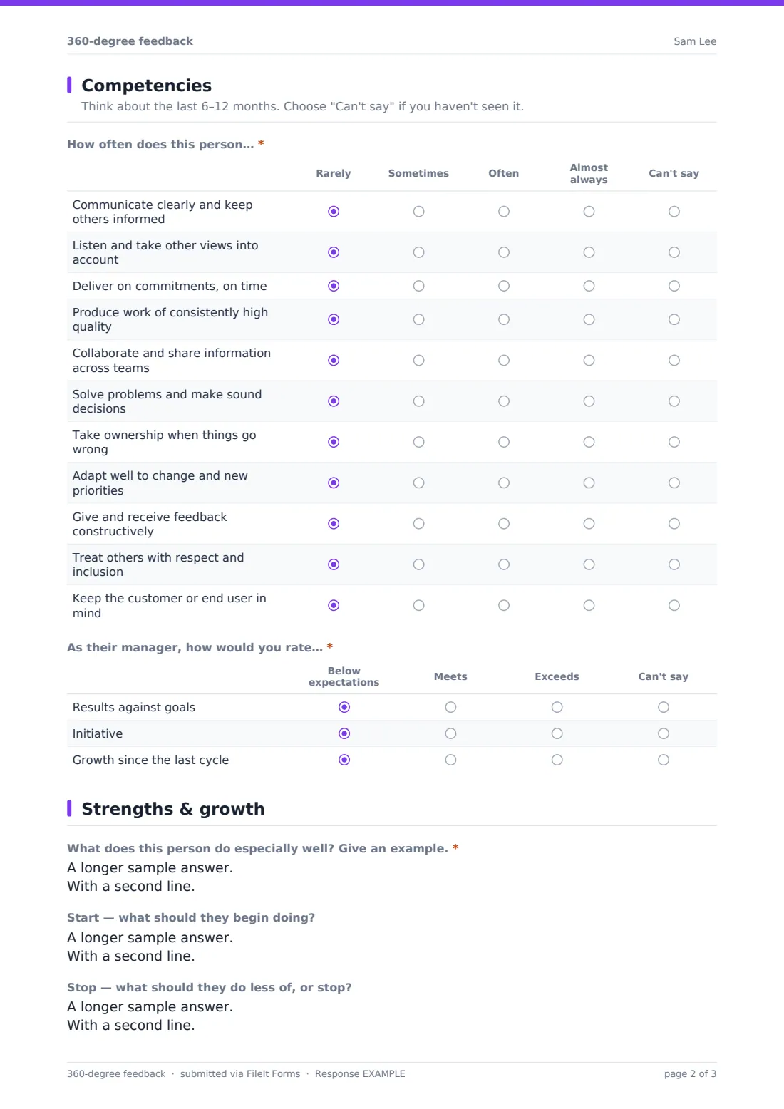 360-degree feedback — example response PDF, page 2 of 3