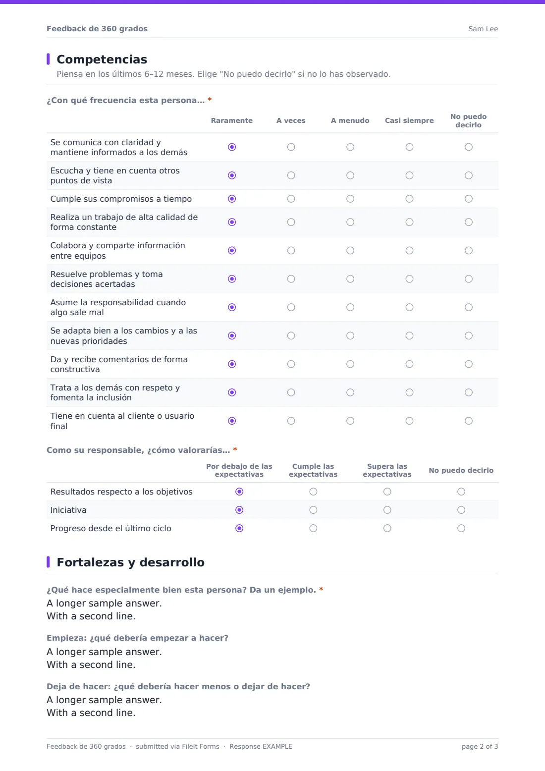 Feedback de 360 grados — PDF de respuesta de ejemplo, página 2 de 3