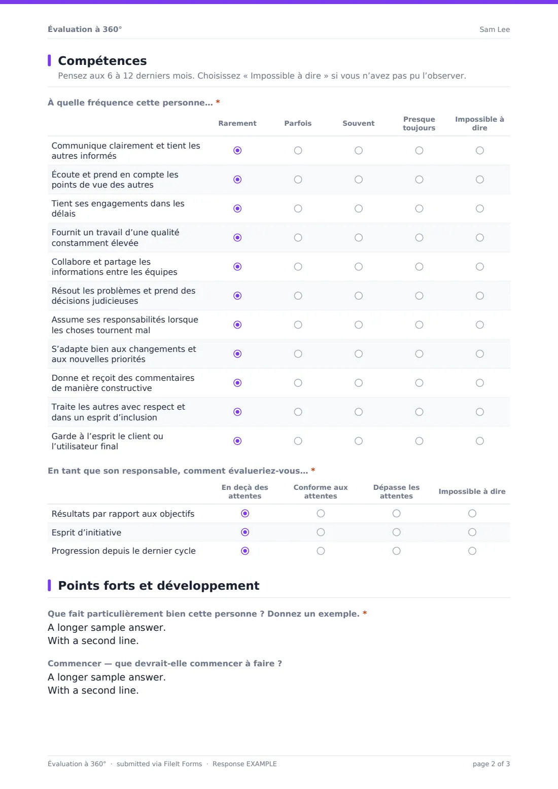 Évaluation à 360° — exemple de réponse au format PDF, page 2 sur 3