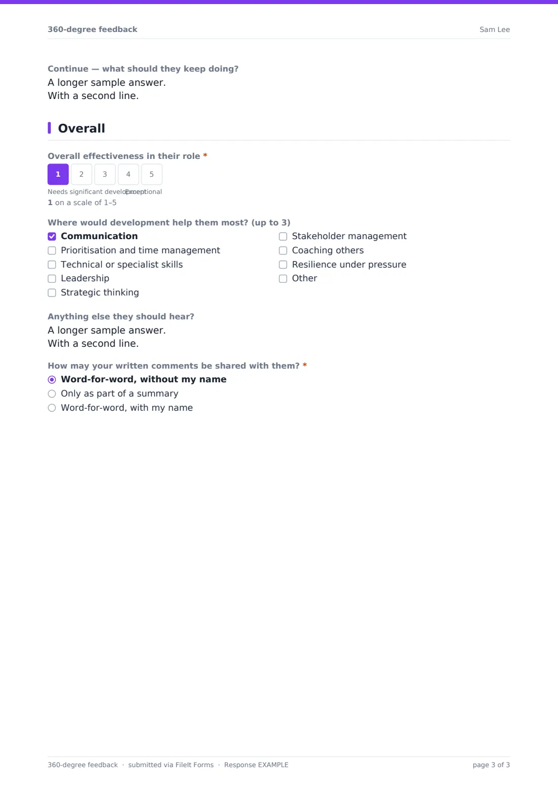 360-degree feedback — example response PDF, page 3 of 3