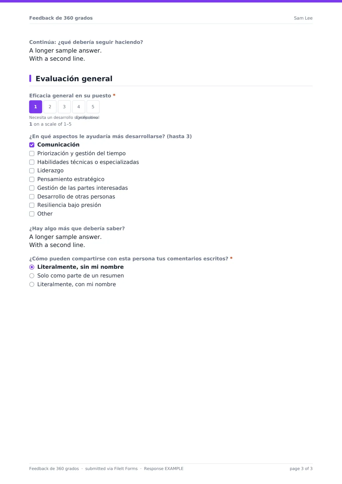 Feedback de 360 grados — PDF de respuesta de ejemplo, página 3 de 3