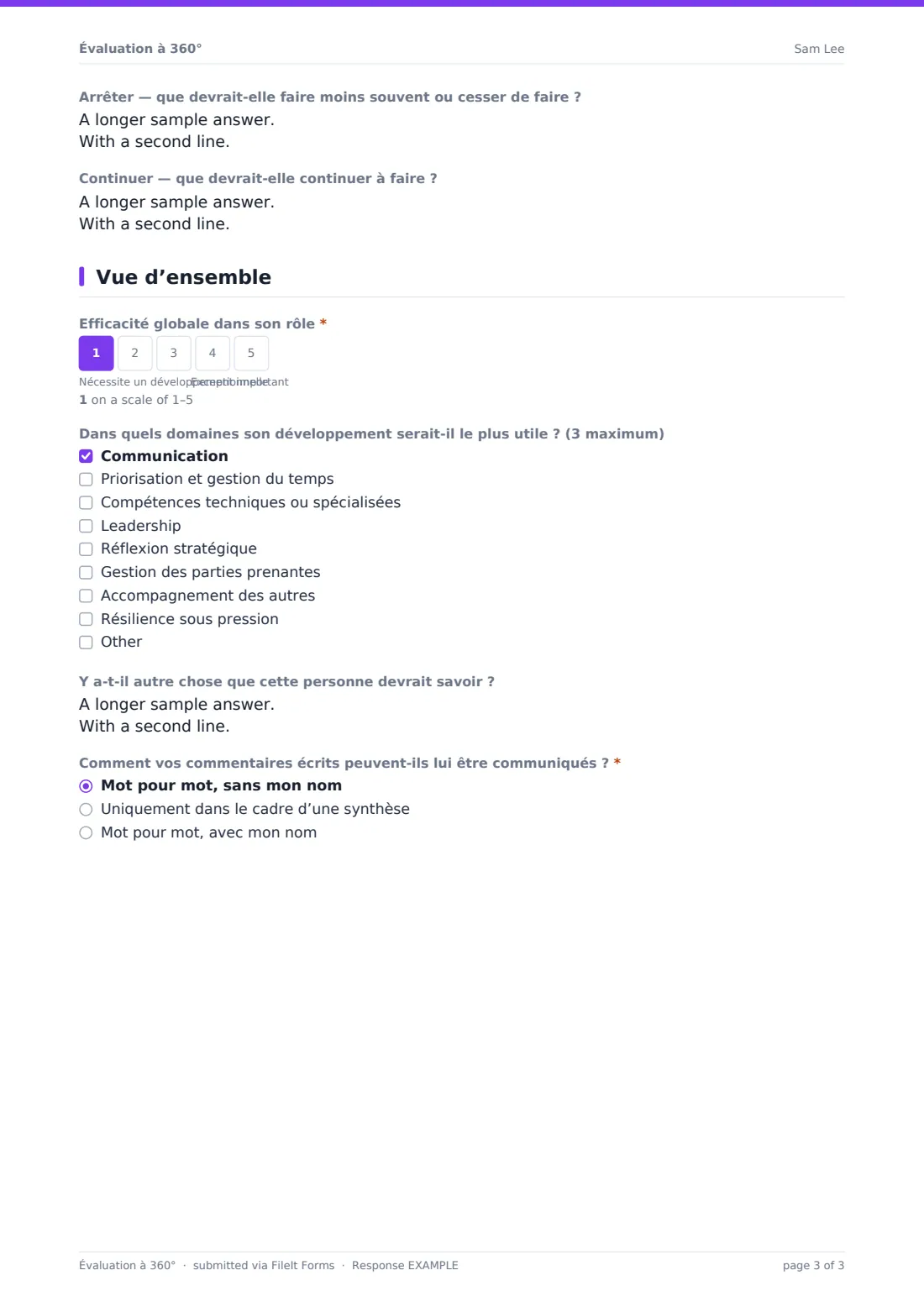 Évaluation à 360° — exemple de réponse au format PDF, page 3 sur 3